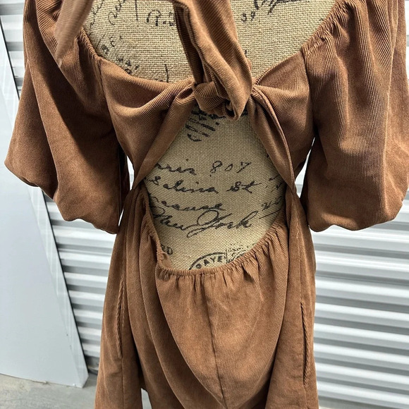 Cassie Brown Bow Back Corduroy Mini Dress, Large - Picture 3 of 10